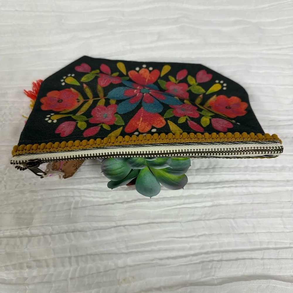 natural life Charcoal Gray Pink Blue Gold Floral Canvas Cosmetic Pencil Pouch - Picture 4 of 9
